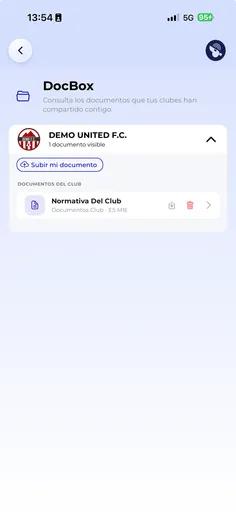 DocBox de la app Vocamini con los documentos que el club comparte con las familias