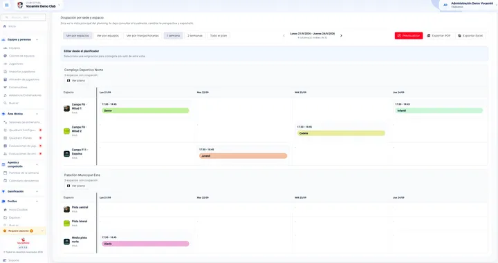 Planificador de instalaciones de Vocamini con la ocupación semanal de cada campo y pista por equipo