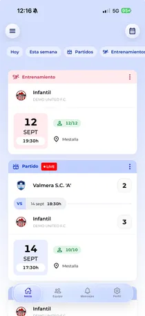 Pantalla de inicio de la app Vocamini con el próximo entrenamiento y un partido en directo