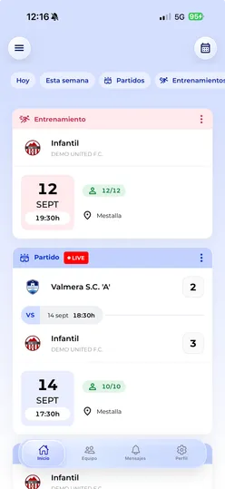 Pantalla de inicio de la app Vocamini con el próximo entrenamiento y un partido en directo