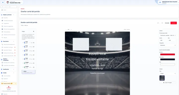 Editor del cartel del partido en el dashboard de Vocamini, con equipos, fecha y lugar sobre una imagen de estadio