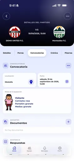 Detalle de una convocatoria en la app Vocamini, con lugar, hora y equipación
