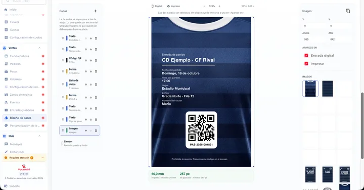 Editor de pases del dashboard de Vocamini diseñando una entrada de partido con código QR